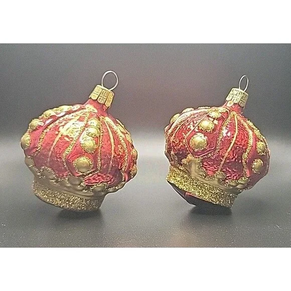 Vtg Czech Republic Blown Glass Crown Christmas Ornaments Red Gold Set of 2 EUC
