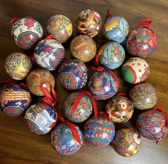 Christmas Teddy Bear Decoupage 22 Paper Mache Ball Ornaments Mixed Lot Vintage