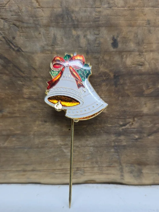 Vintage Holiday Bell Stick Pin - White and Gold Christmas Accessory