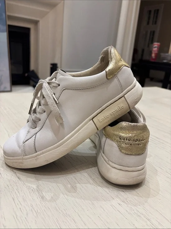 Kate Spade Size 8.5 White Sneakers with Gold Heel Tab