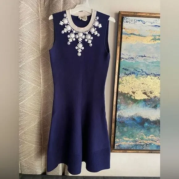 Kate Spade Mini Dress Womens Size Small Navy Sleeveless Jewelry White Cotton