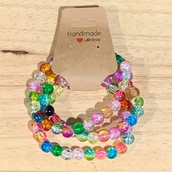 Handmade Beaded Bracelet Women OS 3pc Crackle Bead Kidcore Pride Jewelry