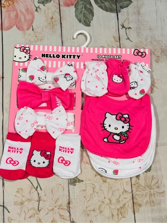 Hello Kitty Baby Girl Headbands, Mittens, Socks & Bibs Set Strawberry Polka NWT