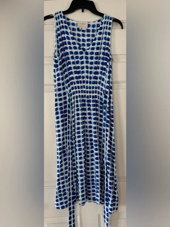 kate spade Blue and White Dot-Print Midi Dress with tie waist size XS