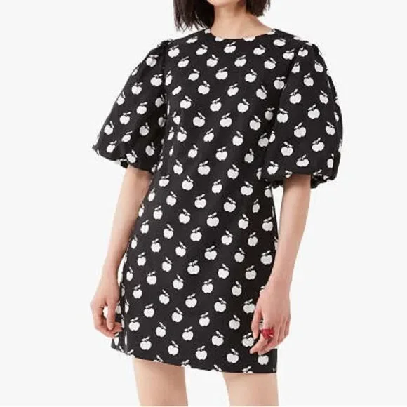Kate Spade Apple Toss Taxi Dress Black White Puff Sleeve Mini Shift Size 00