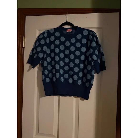 Kate Spade New York Womens XL Blue Metallic Polka Dot Short Sleeve Sweater Top