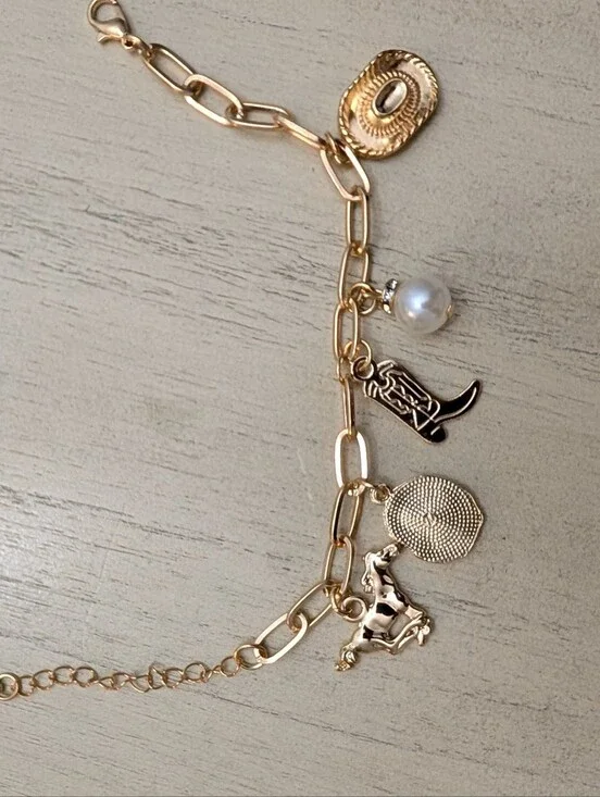 Gold-Tone Western Charm Bracelet with Pearl Accent And Country Charms