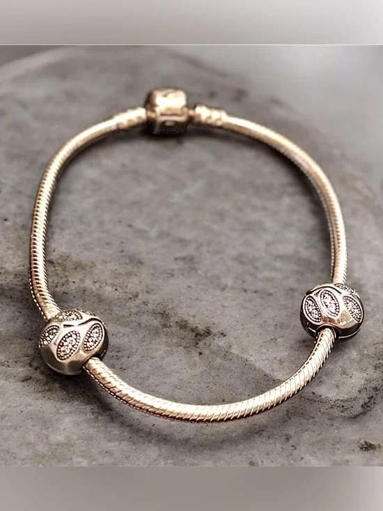 Pandora Charm Bracelet with 2 Rhinestone Clip Beads- Women's Jewelry