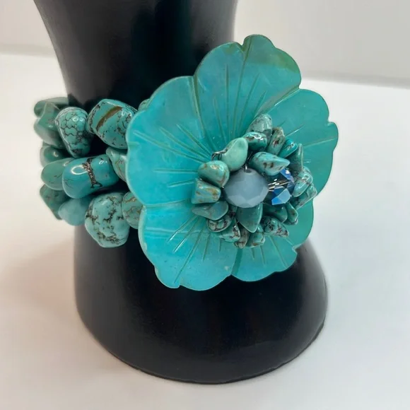 Hand Beaded Turquoise 3-Strand Floral Bracelet