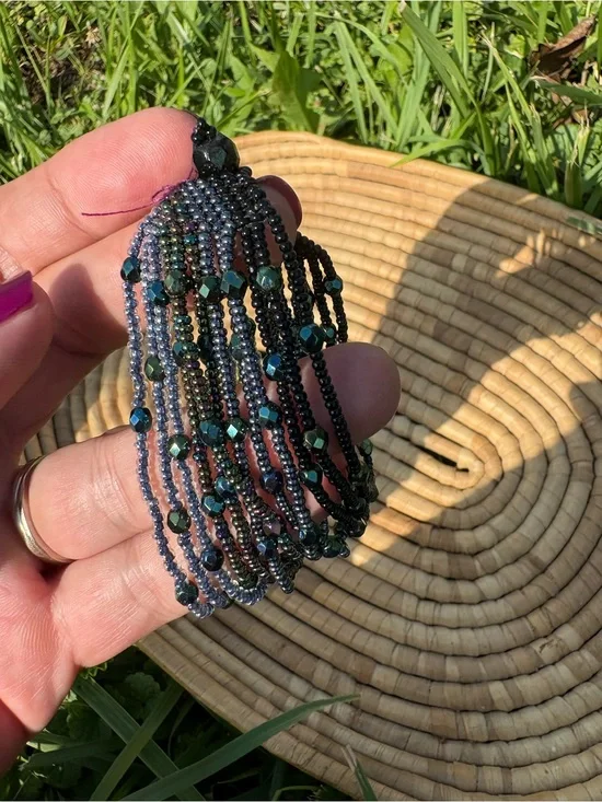 Source Unknown ~ Iridescent Green and Black Multi-Strand Beaded Bracelet