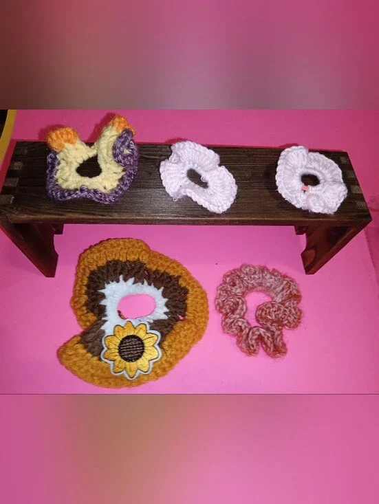 Handmade Crochet Hair Scrunchie Set - Pink, Yellow, Brown