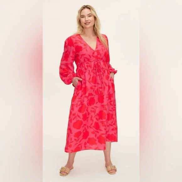 Kate Spade Red & Pink Floral Linen Blend Dress Tropical Mother’s Day XXS Party