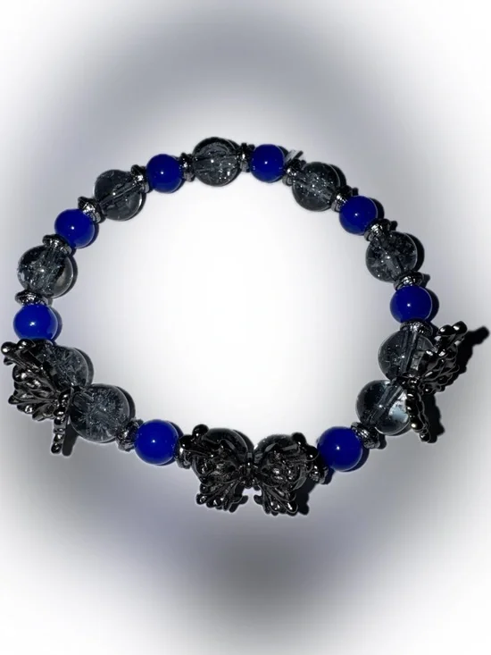 Blue and Gray Beaded Women's Bracelet with Gun Metal Butterfly Accent