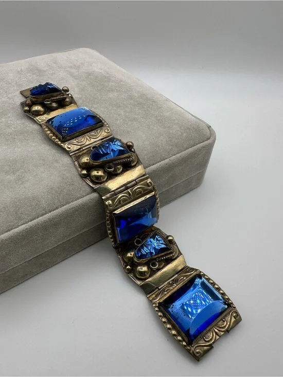 Vintage TAXCO Vintage Sterling Silver 925 Blue Glass Link Bracelet Box Closure
