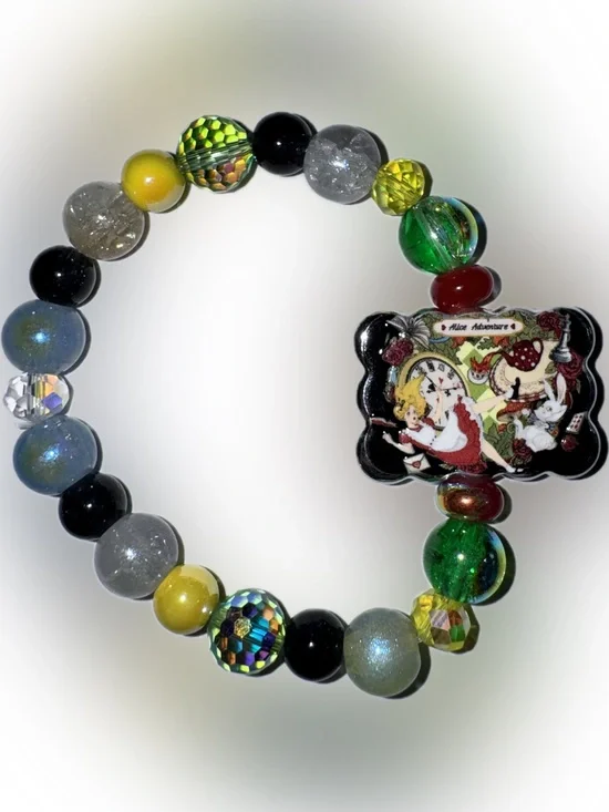Alice Adventure Charm Beaded Bracelet - Green, Yellow, Black, Red