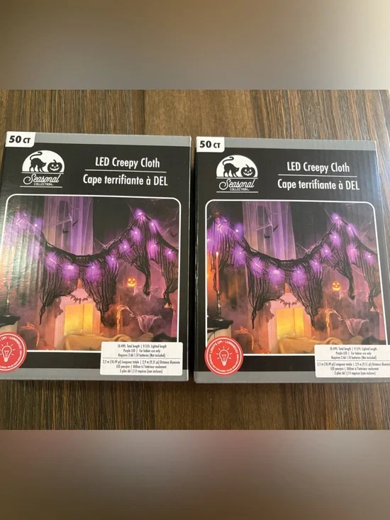 LED Creepy Cloth Halloween Garland - Black with Purple Lights (2 boxes)