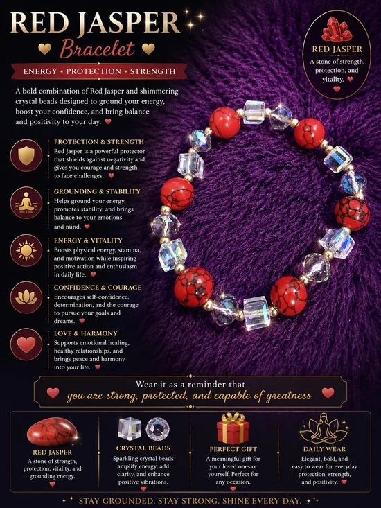 Red Jasper and Crystal Bead Bracelet - Red