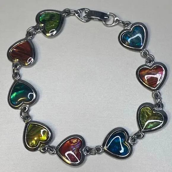 Multi Color Silver Tone Abalone Shell Heart Link Bracelet Vintage Y2K