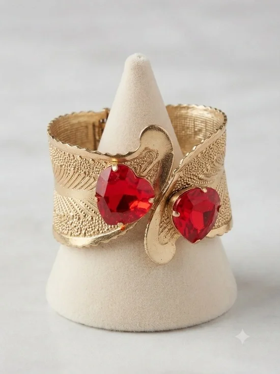 Vintage Gold-Tone Mesh Cuff Bracelet with Red Crystal Heart Stones