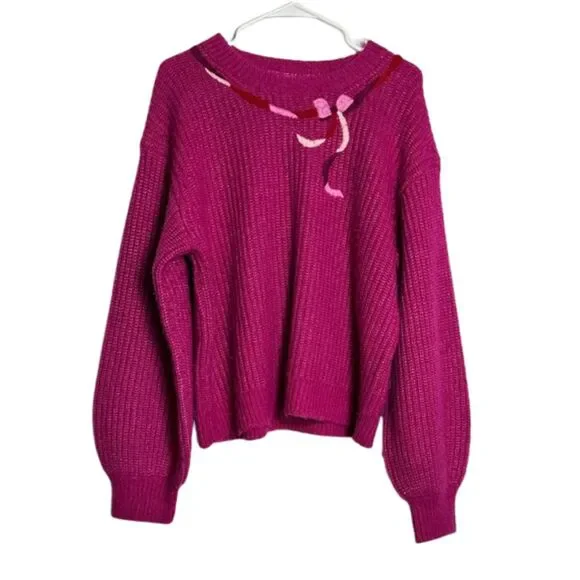 Kate Spade New York Magenta Wool Knit Bow Sweater Womens XL Puff Sleeve Pink
