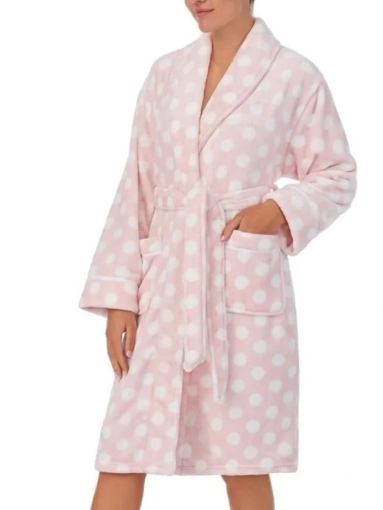 Nwt Kate Spade New York Plush Fleece Robe Pink White Polka Dot