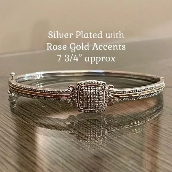 BR SUN Silver Plated Elegant Hinged Bangle Bracelet with Rose Gold Accents