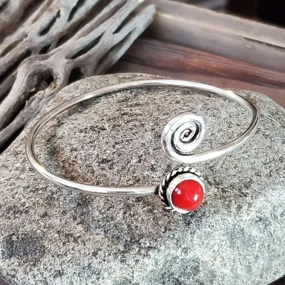 Handcrafted Red Coral Swirl Gemstone Sterling Silver Overlay Artisan Cuff Bracel