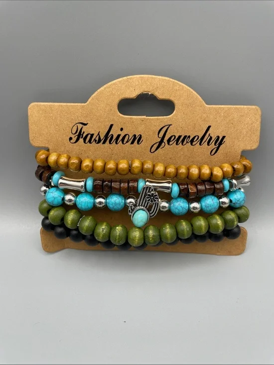 Boho Multi-Strand Beaded Bracelet Set — Turquoise, Olive & Wood