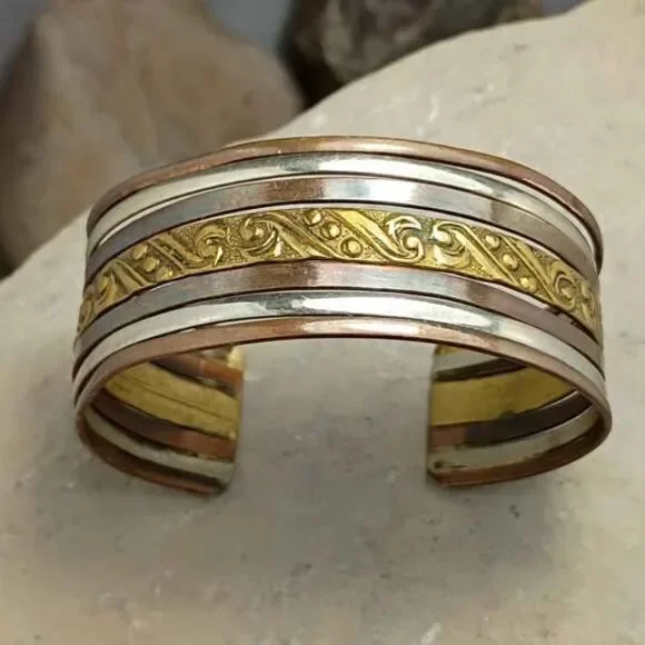 Vintage Tri Tone Mixed Metal Embossed Cuff Bracelet Artisan