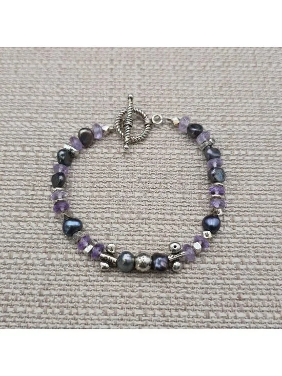 7.5 Inch Sterling Silver Black Pearl Amethyst Bead Rope Toggle Bracelet A8160
