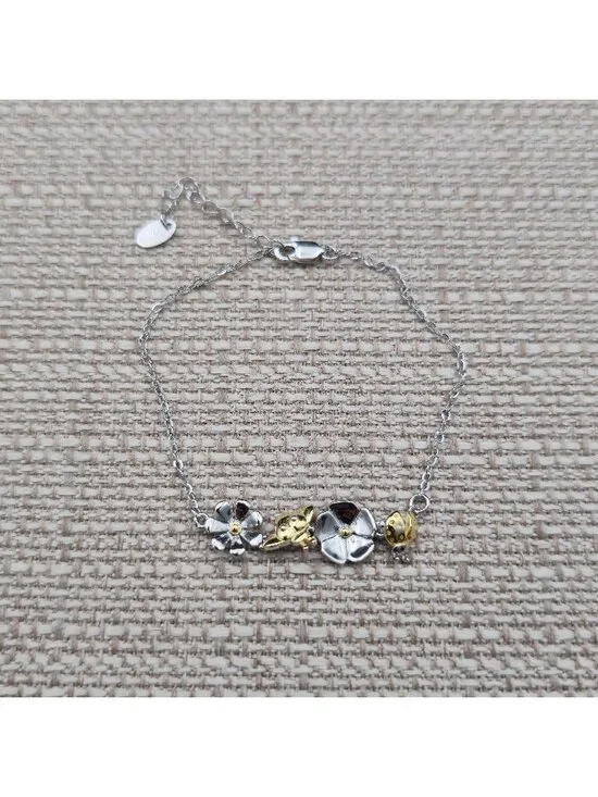 7.5 Inch Sterling Silver Two Tone Flower Bee Ladybug Chain Bracelet A8157