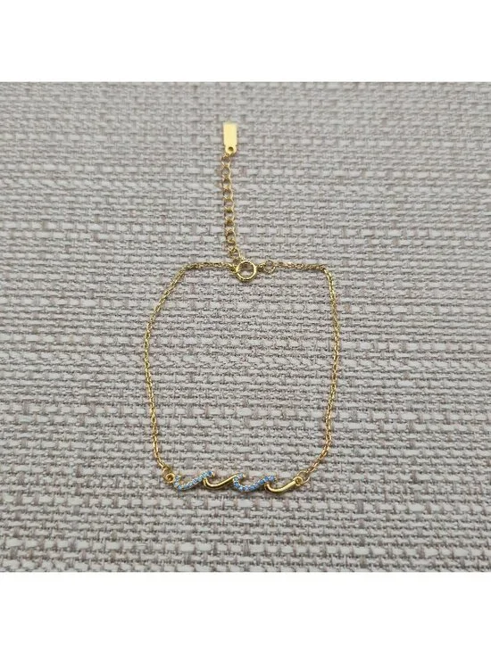 7+1 Inch Gold Over Sterling Silver Blue CZ Gem Wave Dainty Chain Bracelet A8156