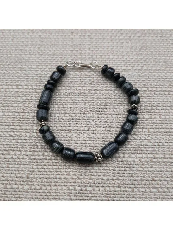 7 Inch Sterling Silver Black Striped Agate Gemstone Beaded Bracelet B1460