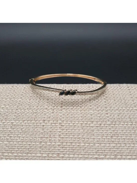 6.5 Inch Gold Over Sterling Silver Black Sapphire Hinged Bangle Bracelet B1457