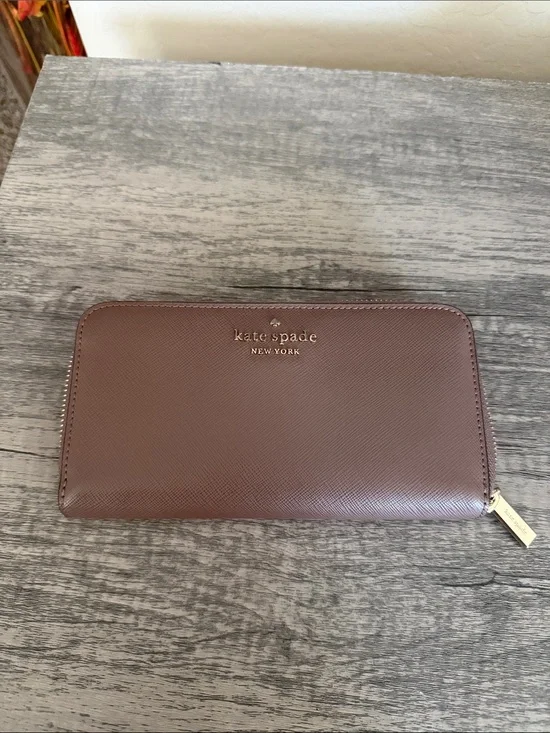 kate spade brown zip-around saffiano leather wallet with gold logo