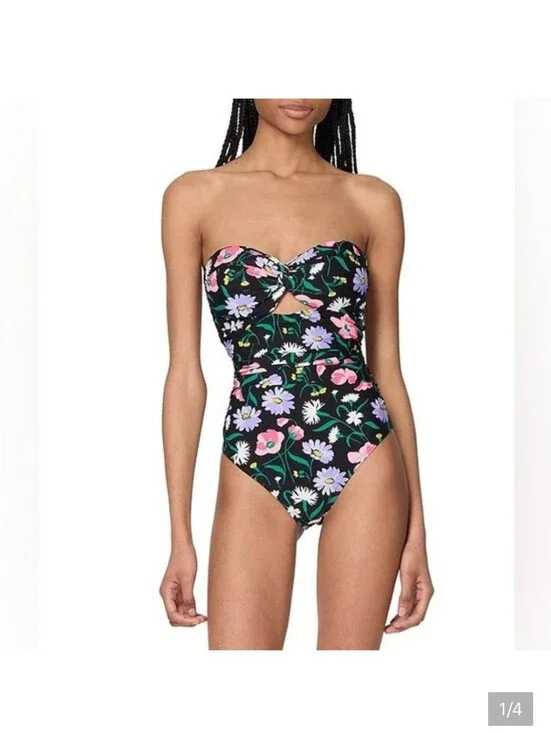 kate spade New York Spring Bouquet  Black Floral Twist-Front One-Piece Swimsuit