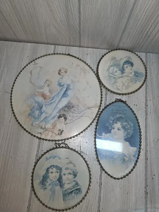 Vtg Victorian Flue Picture Woman Children Wall Decor Gallery Wall Set Of 4