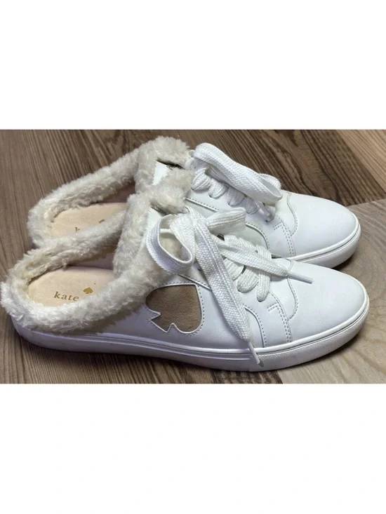 Kate Spade Fez Mule Faux Fur Wht Large Logo Leather Slip On Shoes Women Size 9B