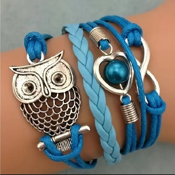 New! Pretty Blue Silver Multilayer Owl Infinity Five Layered Leather Bracelet