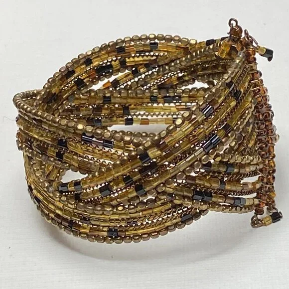 Gold beaded boho style cuff stretch bracelet