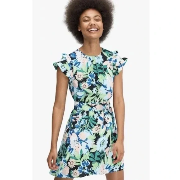Kate Spade Full Bloom Belted Dress Ruffle Sleeves Floral Green‎ Blue Size 6