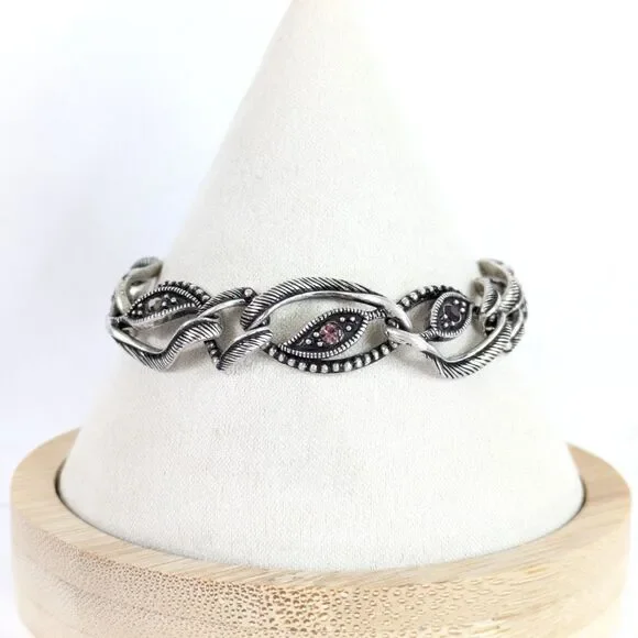 Marquise Eye Shaped Silver Tone Textured Link Bracelet Marcasite Style 6.5