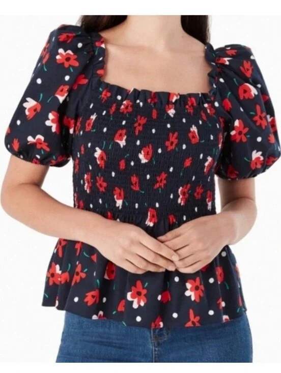 kate spade Navy Red Floral Puff-Sleeve Smocked Peplum Top