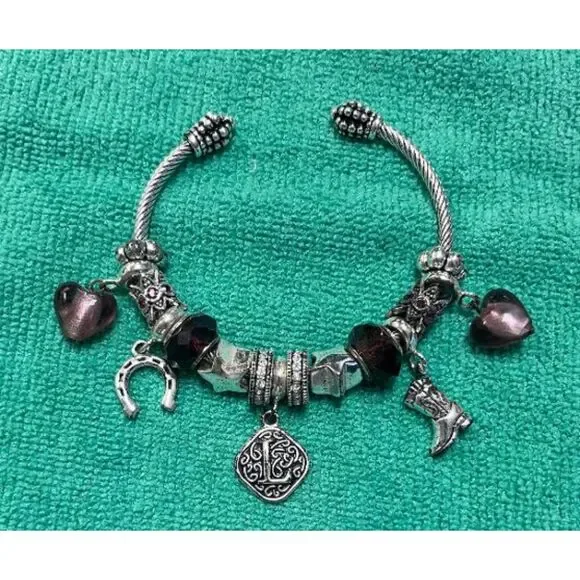 Western Cowgirl Charm Bracelet Antique Silver Cable Cuff Monogram Initial L