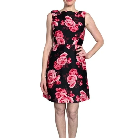 Kate Spade New York Rosa A-Line Rose Print Bow Shoulder Dress Black Pink Size 2‎
