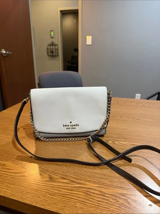 kate spade white, grey and black crossbody bag with silver chain