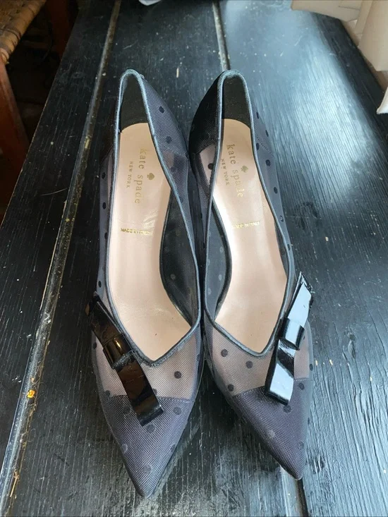 kate spade Black Sheer Polka Dot Pointed-Toe Flats with Patent Bow