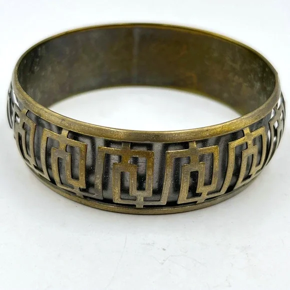 Vintage Greek Key Bangle Bracelet Antique Gold Tone Meander Pattern Boho Jewelry