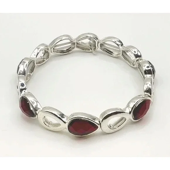 Red teardrop cabochons silver tone stretch bracelet -‎ Valentine Gift