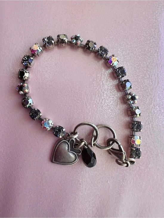 Mariana Silver,Black, Gray, ab, flower Swarovski Crystal Heart Charm Bracelet